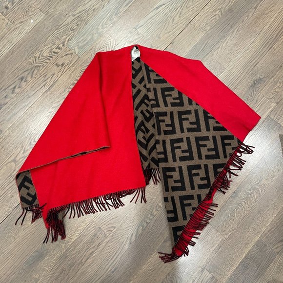Fendi Vibrant Red and Iconic Brown Logo Poncho - Picture 1 of 5